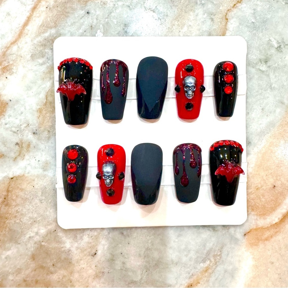 Black and red Halloween goth press-on nails